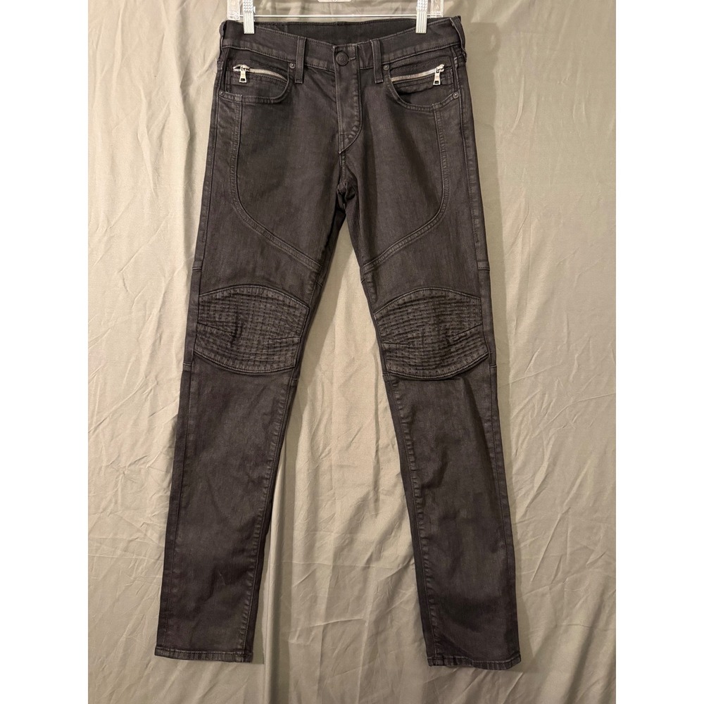 True Religion Geno Relaxed Slim Moto Jeans Black Ribbed Knee Size 29 Made in USA